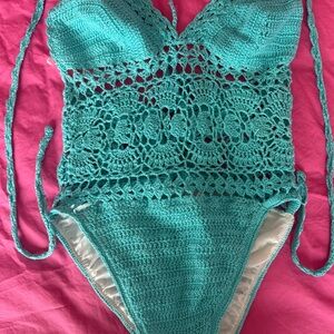 Elegant Crochet Teal One Piece Swimsuit
